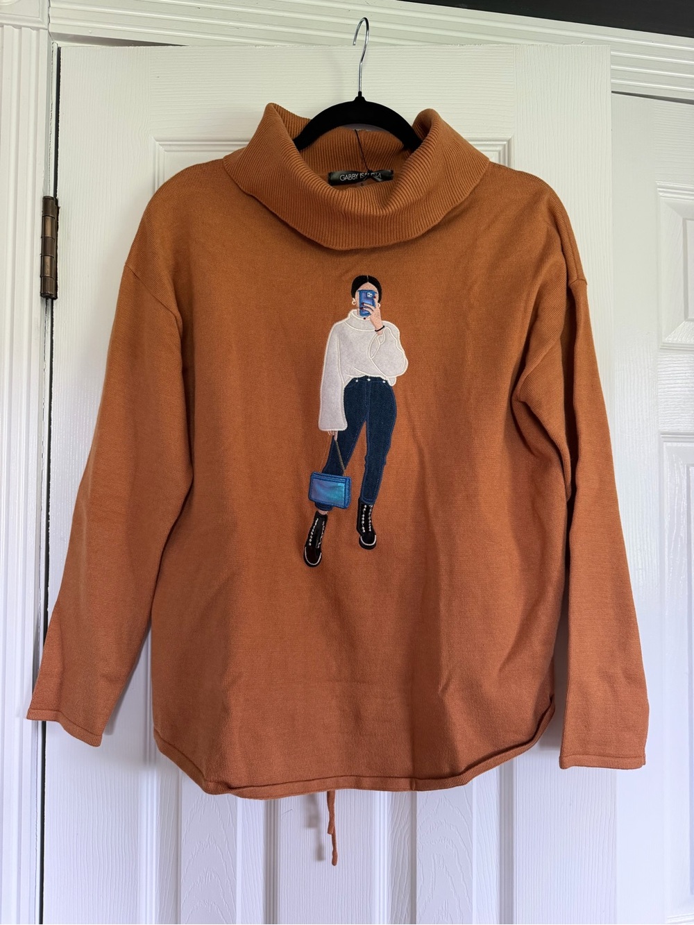 Gabby Isabella Rust Orange Turtleneck Sweater with Embroidered Fashion Girl